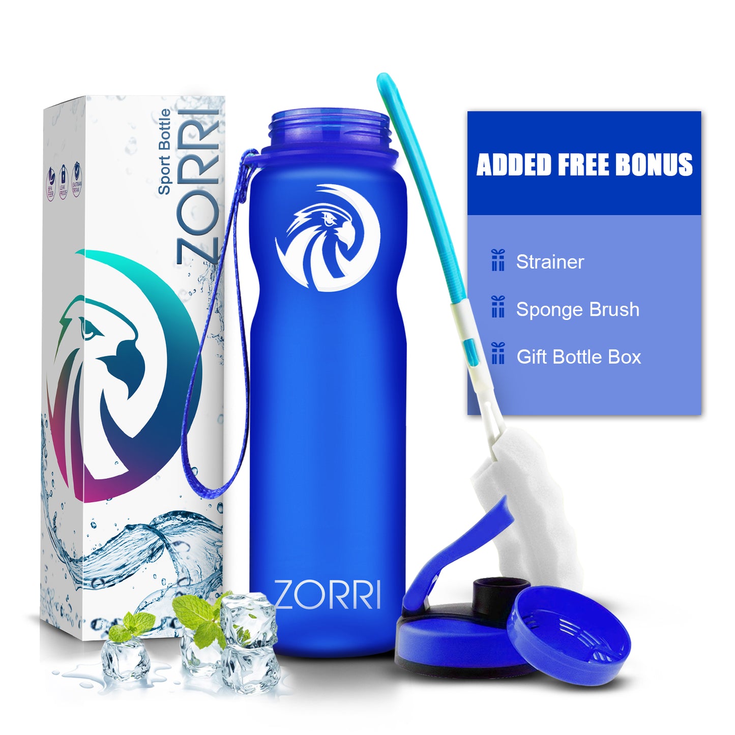 ZORRI 32 oz Water Bottle with Cleaning Brush & Strainer, Leakproof BPA & Toxic Free Lightweight Drinking Water Bottles with Carrying Strap, Ensure You Drink Enough Water for Fitness Gym Outdoor