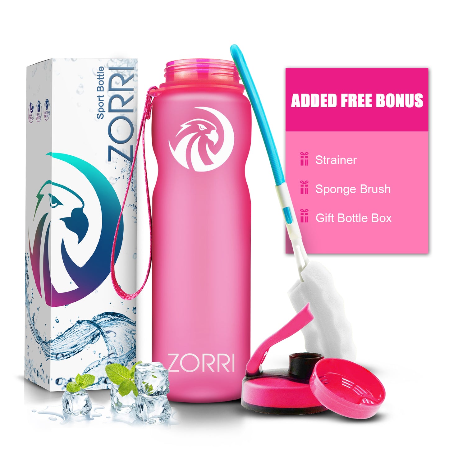 ZORRI 32 oz Water Bottle with Cleaning Brush & Strainer, Leakproof BPA & Toxic Free Lightweight Drinking Water Bottles with Carrying Strap, Ensure You Drink Enough Water for Fitness Gym Outdoor