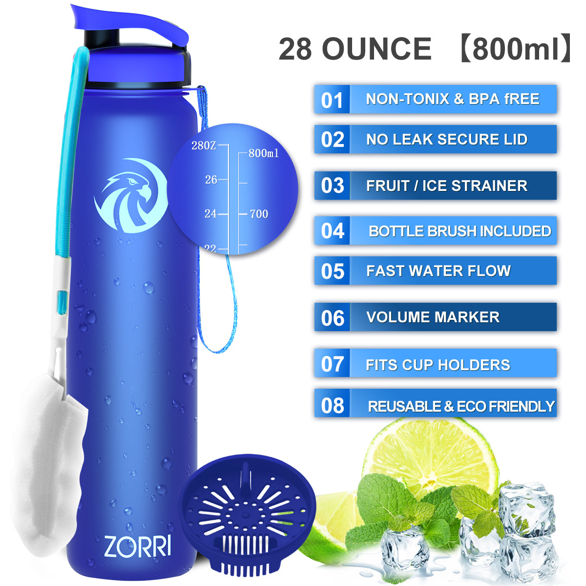 ZORRI 28 oz Water Bottle with Sponge Cleaning Brush & Strainer, Leakproof BPA & Toxic Free,Lightweight Drinking Water Bottles with Nylon Carrying Strap, Ensure You Drink Enough Water for Fitness Gym Outdoor