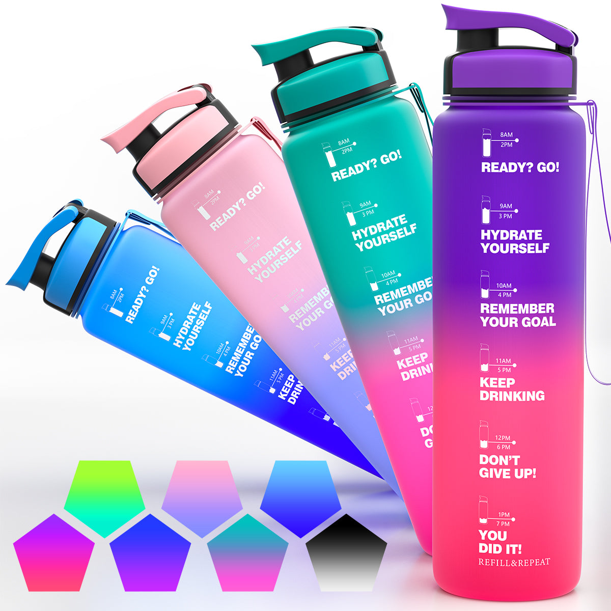 ZORRI 32 OZ Water Bottles With Time Marker & Meaurment Marked, BPA Free Leak Proof and Lightweight Water Bottle for Gym, Fitness, Workout, Kids School, Office, Cycling, Yoga, Camping
