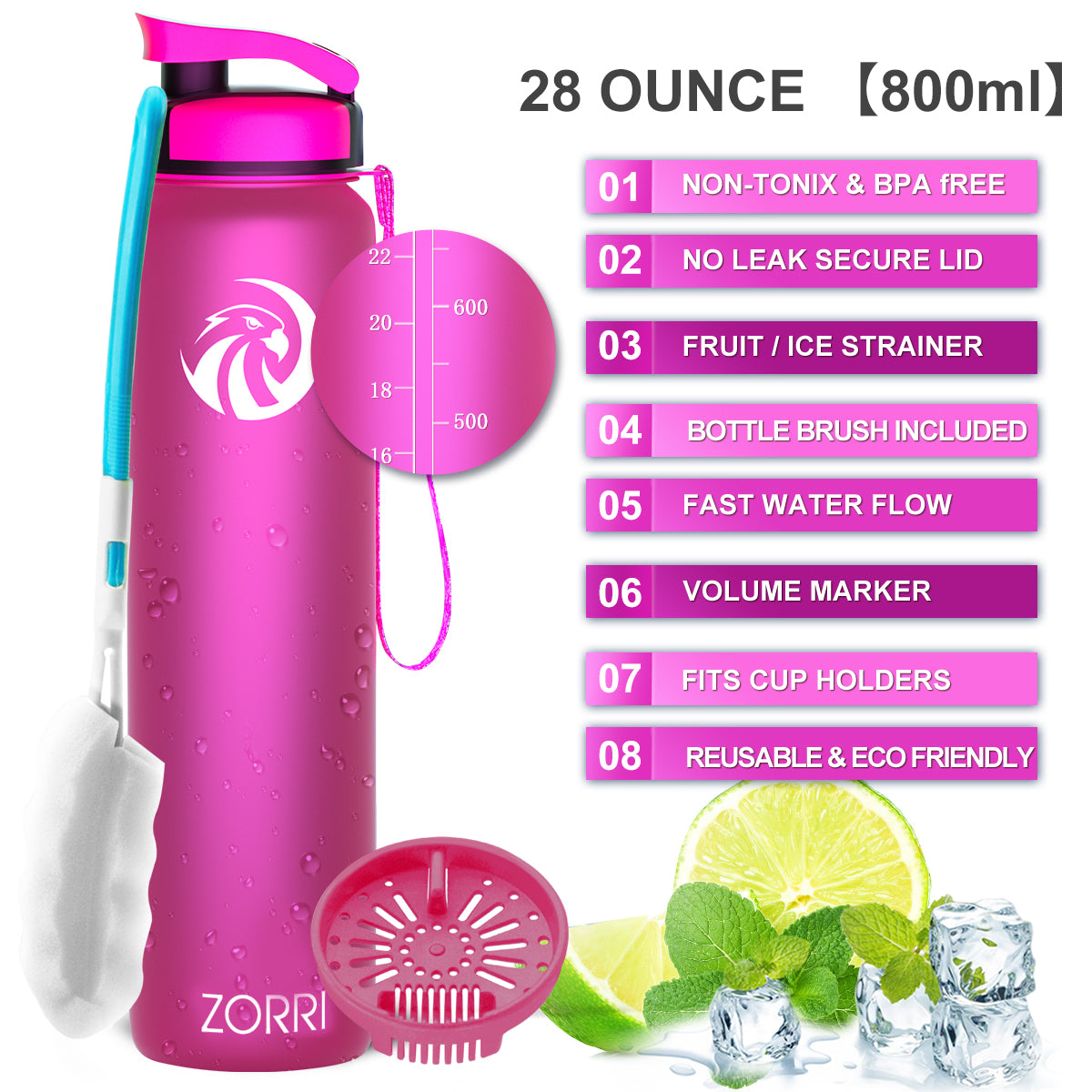 ZORRI 28 oz Water Bottle with Sponge Cleaning Brush & Strainer, Leakproof BPA & Toxic Free,Lightweight Drinking Water Bottles with Nylon Carrying Strap, Ensure You Drink Enough Water for Fitness Gym Outdoor