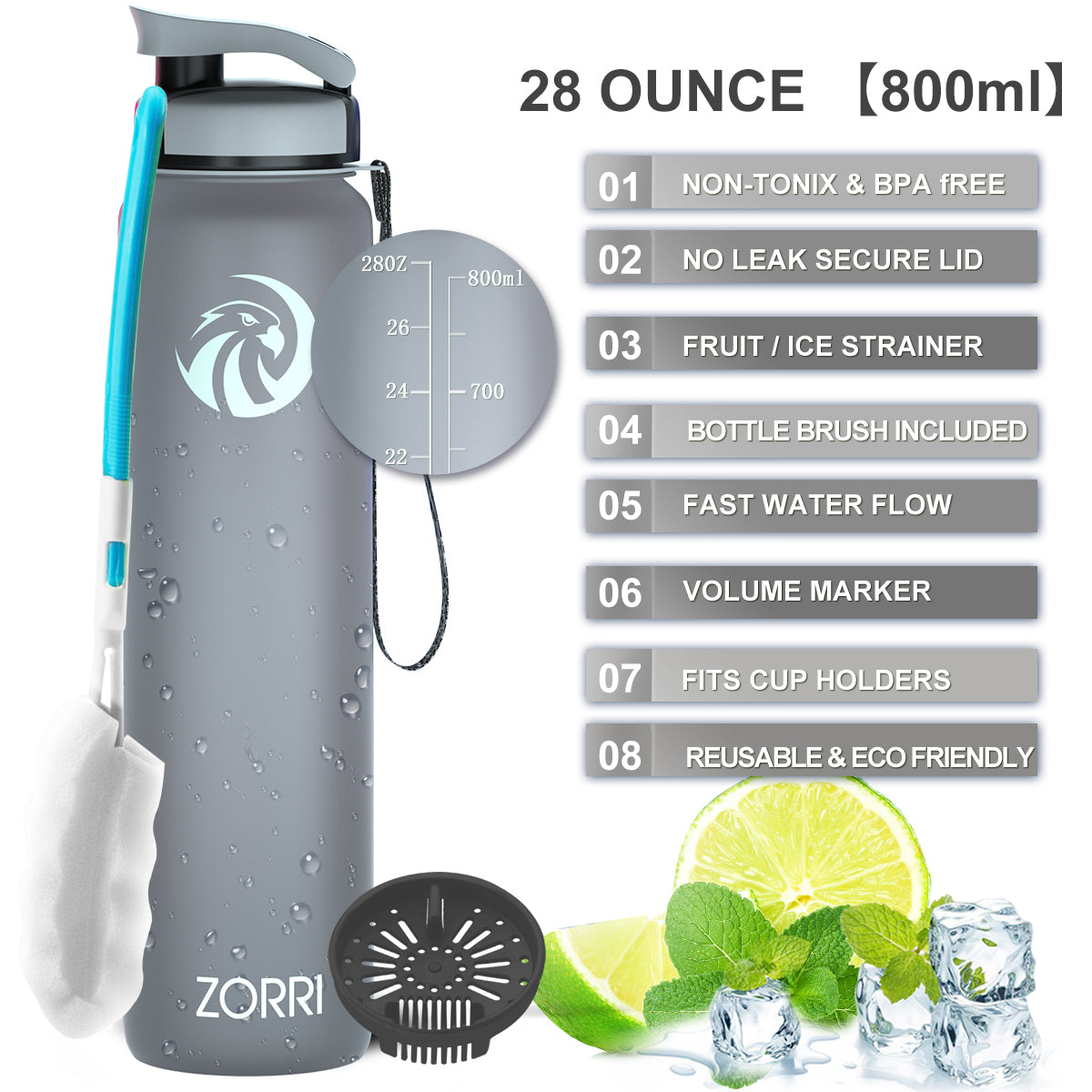 ZORRI 28 oz Water Bottle with Sponge Cleaning Brush & Strainer, Leakproof BPA & Toxic Free,Lightweight Drinking Water Bottles with Nylon Carrying Strap, Ensure You Drink Enough Water for Fitness Gym Outdoor
