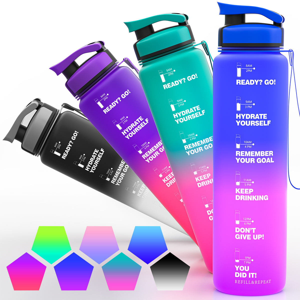 ZORRI 32 OZ Water Bottles With Time Marker & Meaurment Marked, BPA Free Leak Proof and Lightweight Water Bottle for Gym, Fitness, Workout, Kids School, Office, Cycling, Yoga, Camping