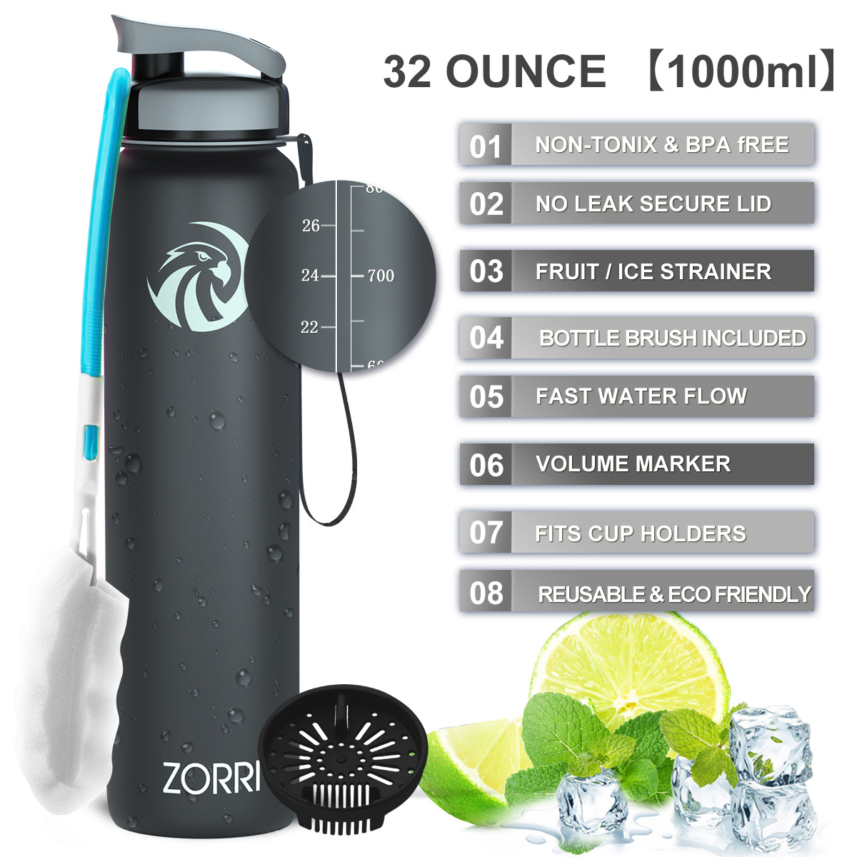 ZORRI 28 oz Water Bottle with Sponge Cleaning Brush & Strainer, Leakproof BPA & Toxic Free,Lightweight Drinking Water Bottles with Nylon Carrying Strap, Ensure You Drink Enough Water for Fitness Gym Outdoor