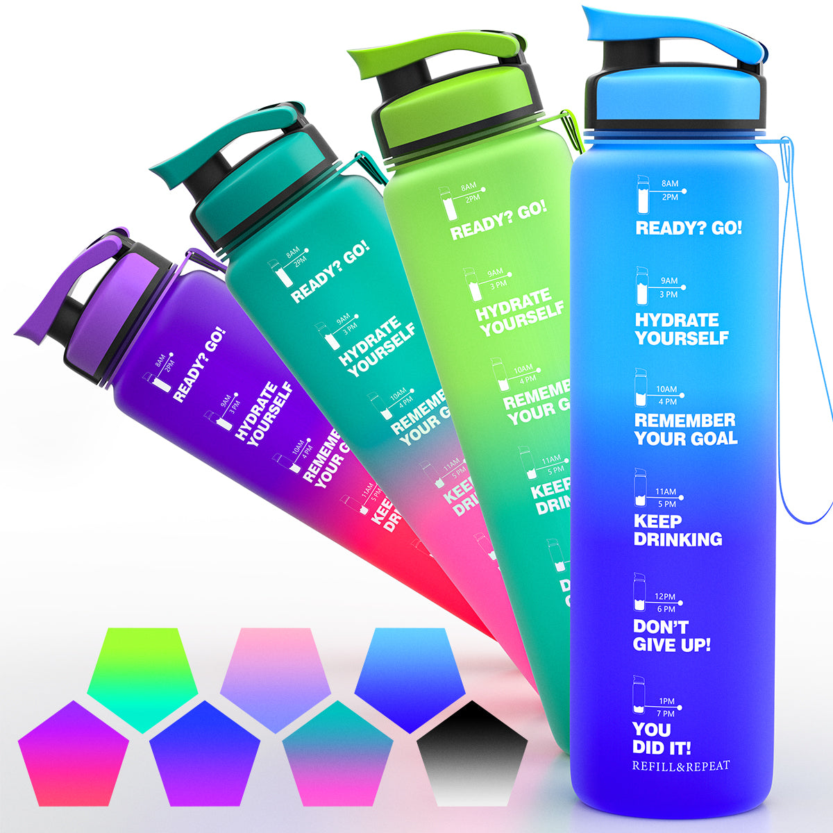 ZORRI 32 OZ Water Bottles With Time Marker & Meaurment Marked, BPA Free Leak Proof and Lightweight Water Bottle for Gym, Fitness, Workout, Kids School, Office, Cycling, Yoga, Camping