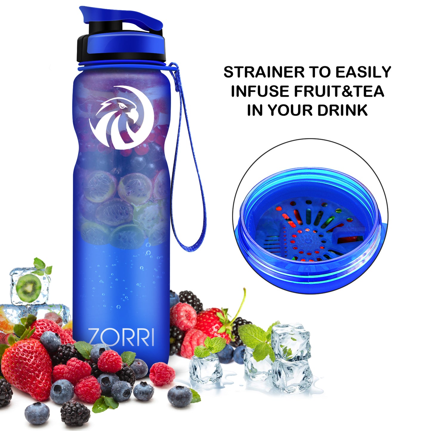 ZORRI 32 oz Water Bottle with Cleaning Brush & Strainer, Leakproof BPA & Toxic Free Lightweight Drinking Water Bottles with Carrying Strap, Ensure You Drink Enough Water for Fitness Gym Outdoor