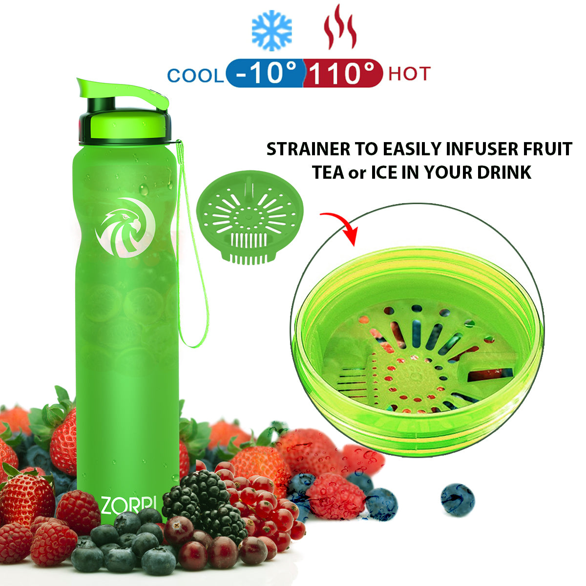 ZORRI 32 oz Water Bottle with Cleaning Brush & Strainer, Leakproof BPA & Toxic Free Lightweight Drinking Water Bottles with Carrying Strap, Ensure You Drink Enough Water for Fitness Gym Outdoor