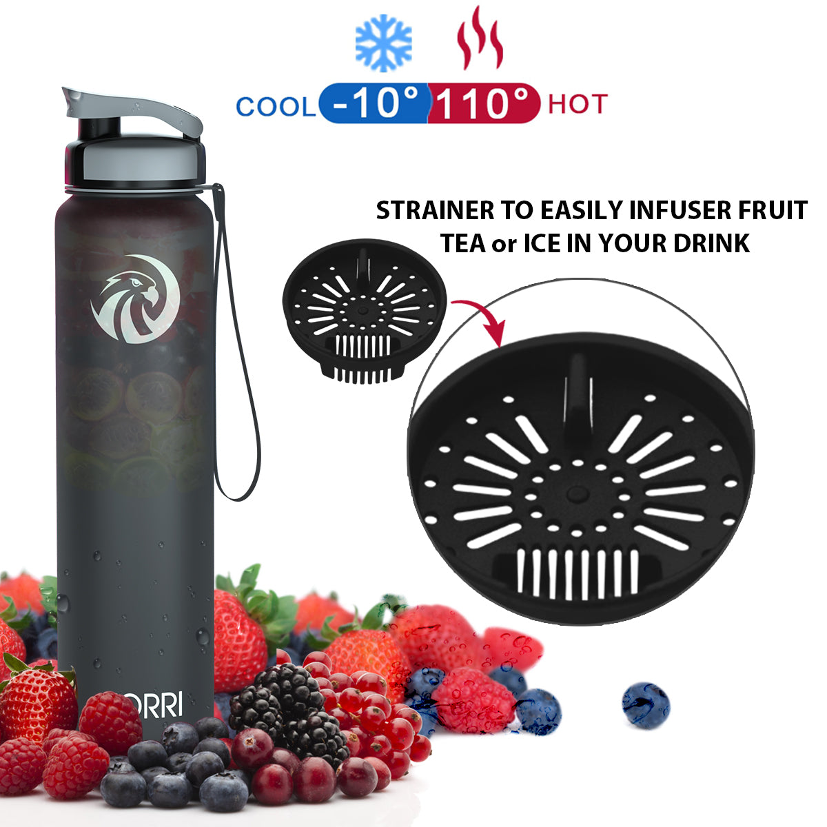 ZORRI 28 oz Water Bottle with Sponge Cleaning Brush & Strainer, Leakproof BPA & Toxic Free,Lightweight Drinking Water Bottles with Nylon Carrying Strap, Ensure You Drink Enough Water for Fitness Gym Outdoor