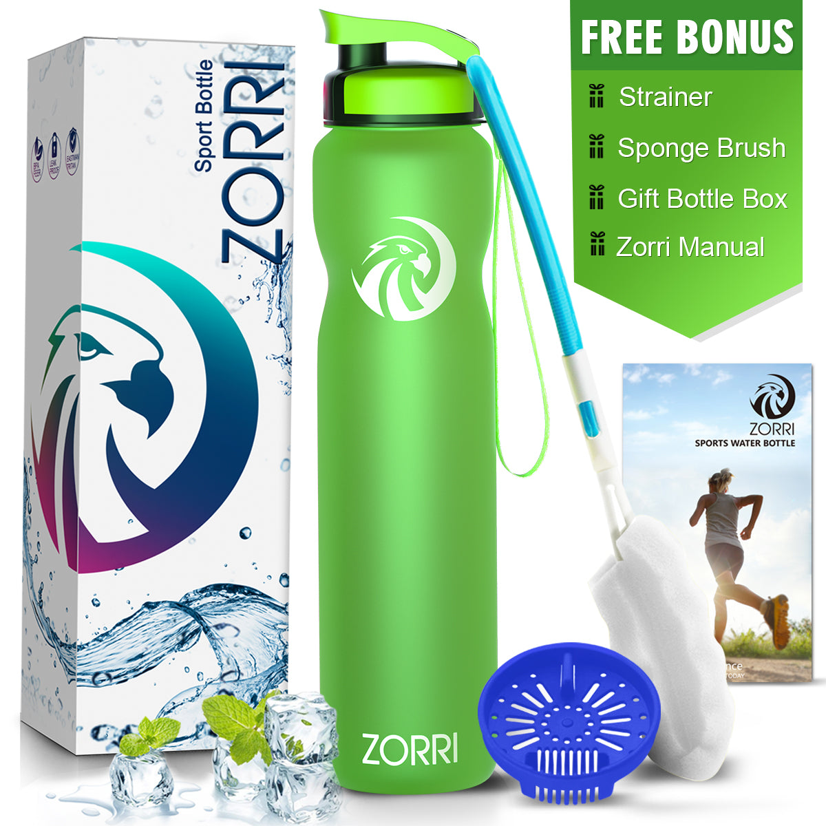 ZORRI 32 oz Water Bottle with Cleaning Brush & Strainer, Leakproof BPA & Toxic Free Lightweight Drinking Water Bottles with Carrying Strap, Ensure You Drink Enough Water for Fitness Gym Outdoor