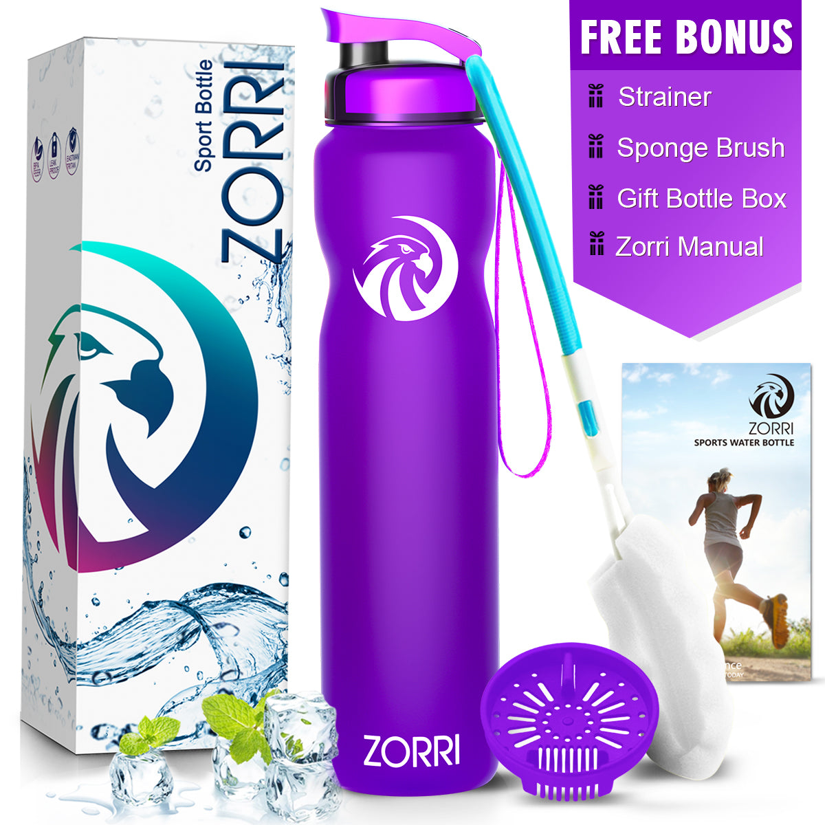 ZORRI 32 oz Water Bottle with Cleaning Brush & Strainer, Leakproof BPA & Toxic Free Lightweight Drinking Water Bottles with Carrying Strap, Ensure You Drink Enough Water for Fitness Gym Outdoor