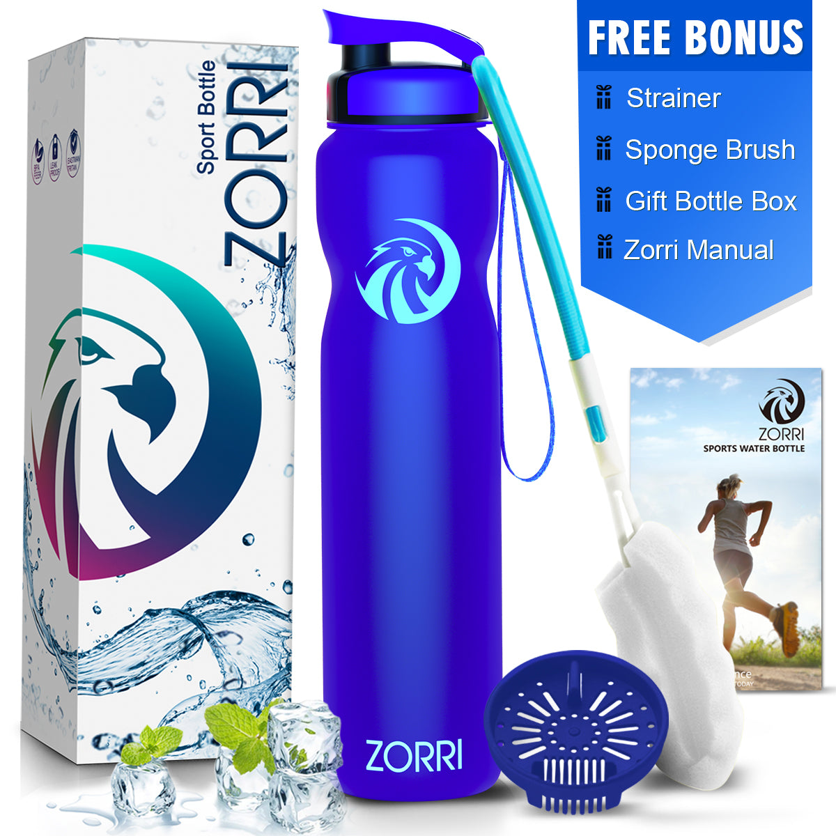 ZORRI 32 oz Water Bottle with Cleaning Brush & Strainer, Leakproof BPA & Toxic Free Lightweight Drinking Water Bottles with Carrying Strap, Ensure You Drink Enough Water for Fitness Gym Outdoor