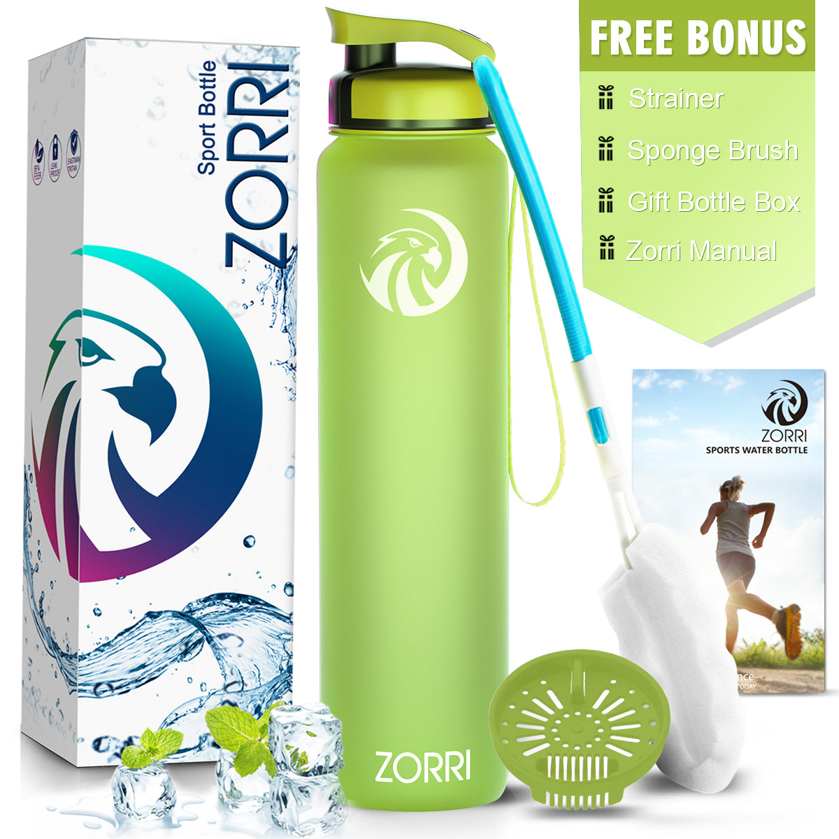 ZORRI 28 oz Water Bottle with Sponge Cleaning Brush & Strainer, Leakproof BPA & Toxic Free,Lightweight Drinking Water Bottles with Nylon Carrying Strap, Ensure You Drink Enough Water for Fitness Gym Outdoor
