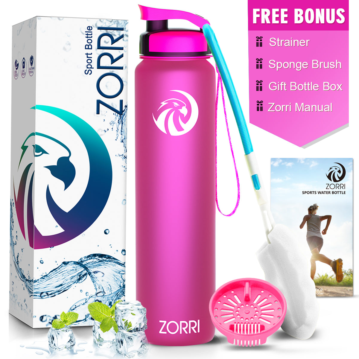 ZORRI 28 oz Water Bottle with Sponge Cleaning Brush & Strainer, Leakproof BPA & Toxic Free,Lightweight Drinking Water Bottles with Nylon Carrying Strap, Ensure You Drink Enough Water for Fitness Gym Outdoor