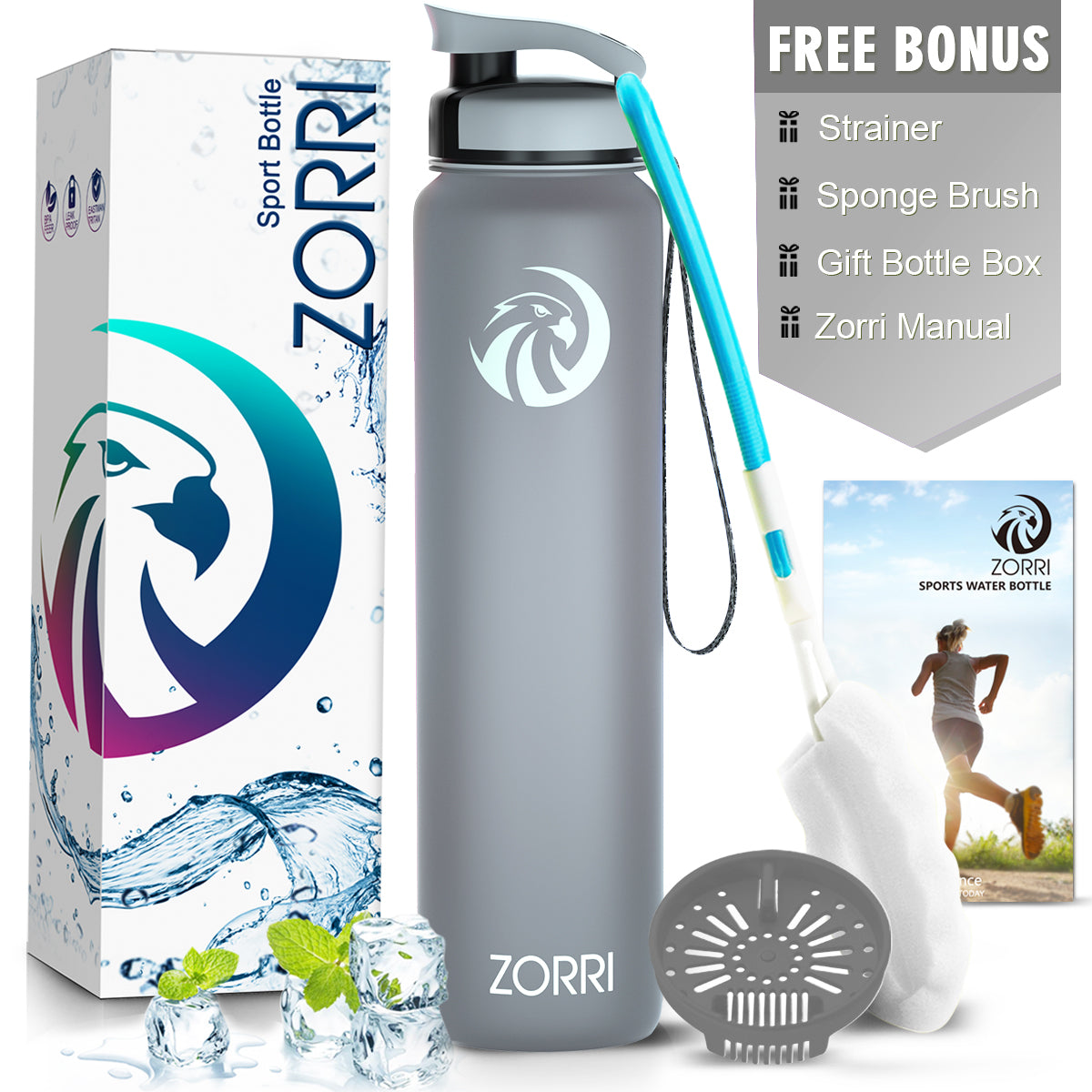 ZORRI 28 oz Water Bottle with Sponge Cleaning Brush & Strainer, Leakproof BPA & Toxic Free,Lightweight Drinking Water Bottles with Nylon Carrying Strap, Ensure You Drink Enough Water for Fitness Gym Outdoor