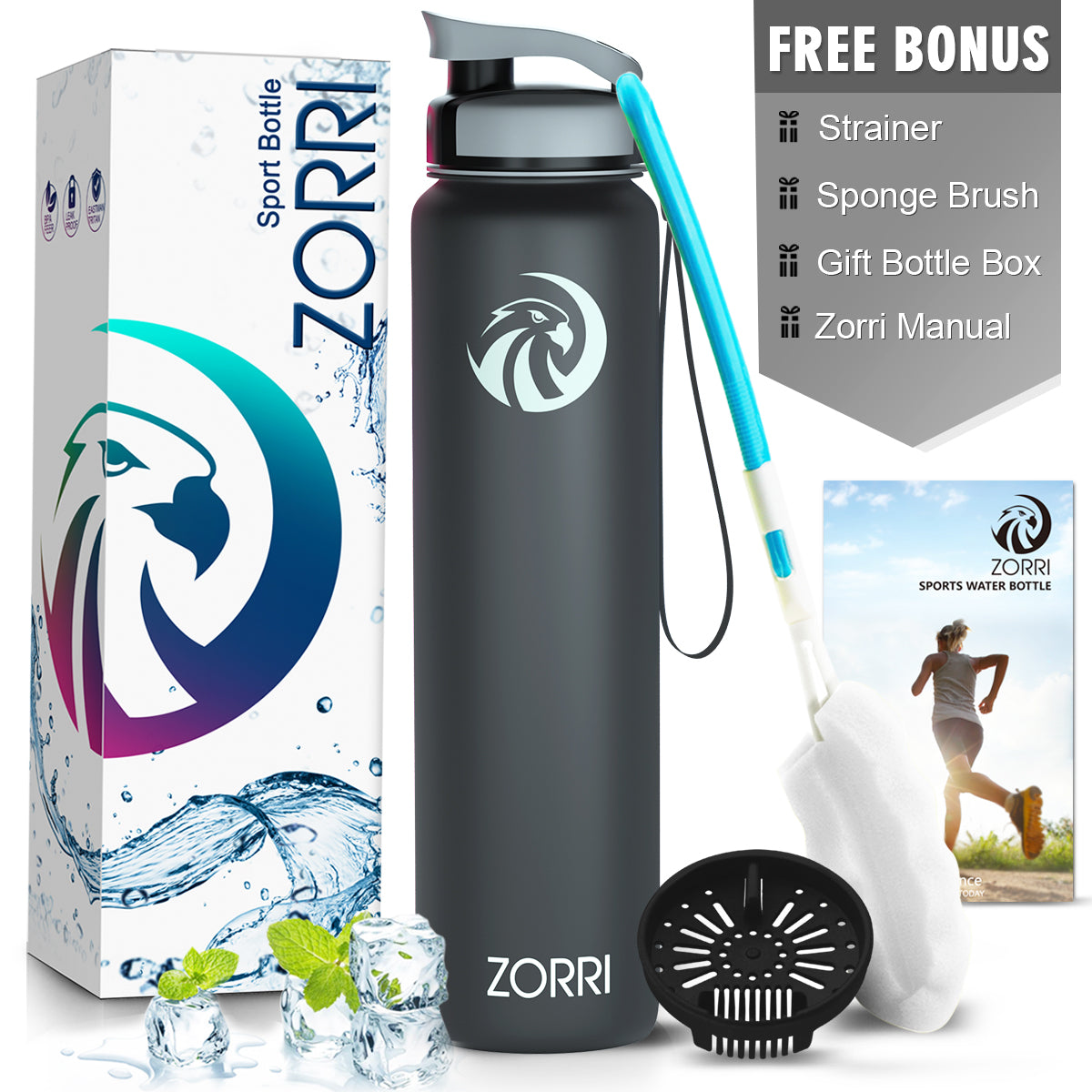 ZORRI 28 oz Water Bottle with Sponge Cleaning Brush & Strainer, Leakproof BPA & Toxic Free,Lightweight Drinking Water Bottles with Nylon Carrying Strap, Ensure You Drink Enough Water for Fitness Gym Outdoor