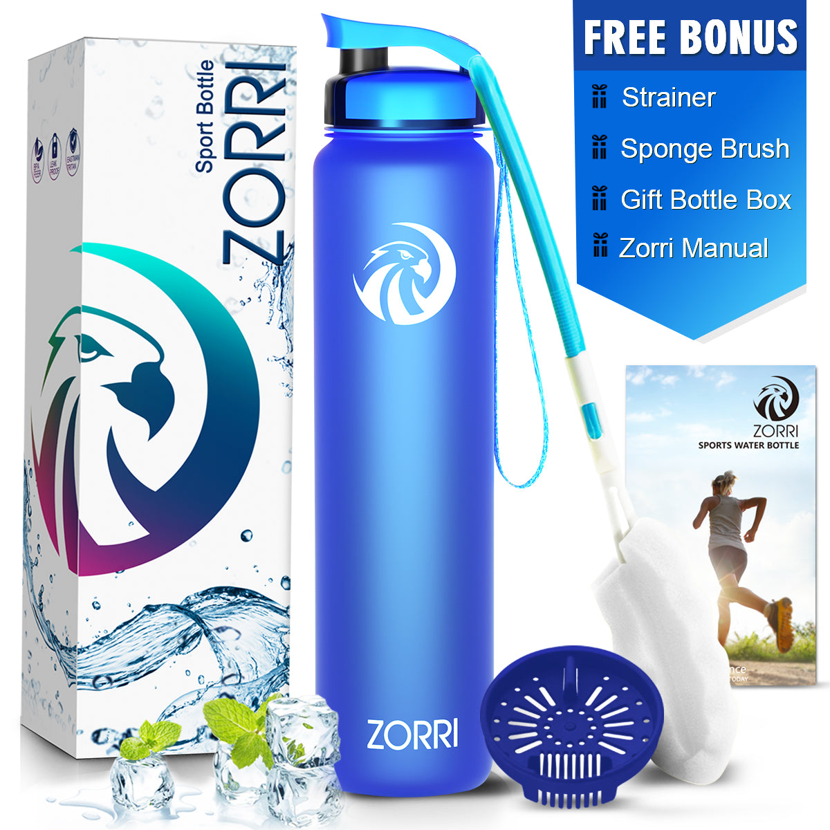 ZORRI 28 oz Water Bottle with Sponge Cleaning Brush & Strainer, Leakproof BPA & Toxic Free,Lightweight Drinking Water Bottles with Nylon Carrying Strap, Ensure You Drink Enough Water for Fitness Gym Outdoor