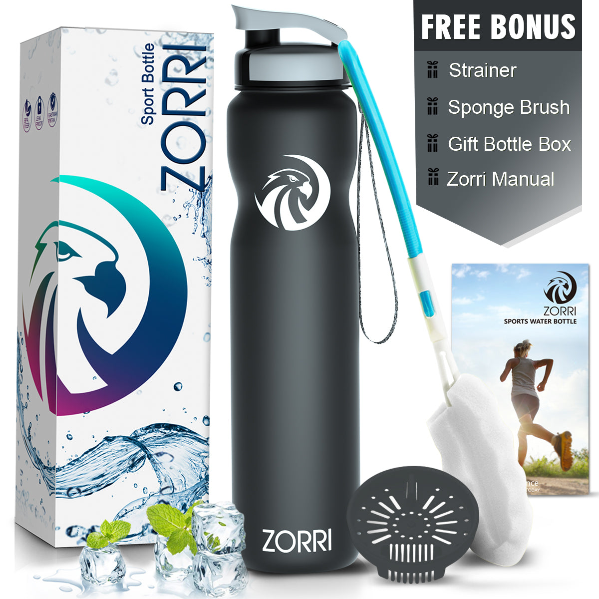 ZORRI 32 oz Water Bottle with Cleaning Brush & Strainer, Leakproof BPA & Toxic Free Lightweight Drinking Water Bottles with Carrying Strap, Ensure You Drink Enough Water for Fitness Gym Outdoor