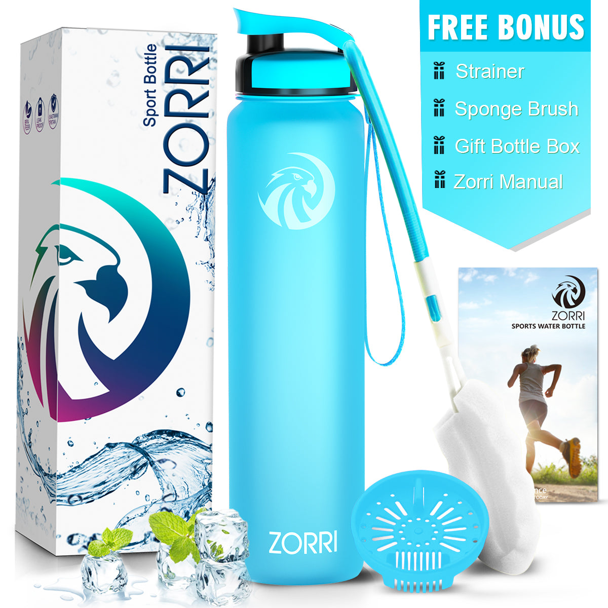 ZORRI 28 oz Water Bottle with Sponge Cleaning Brush & Strainer, Leakproof BPA & Toxic Free,Lightweight Drinking Water Bottles with Nylon Carrying Strap, Ensure You Drink Enough Water for Fitness Gym Outdoor