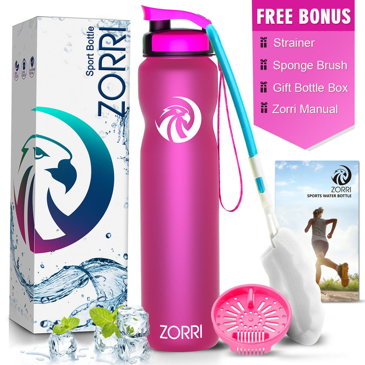 ZORRI 32 oz Water Bottle with Cleaning Brush & Strainer, Leakproof BPA & Toxic Free Lightweight Drinking Water Bottles with Carrying Strap, Ensure You Drink Enough Water for Fitness Gym Outdoor