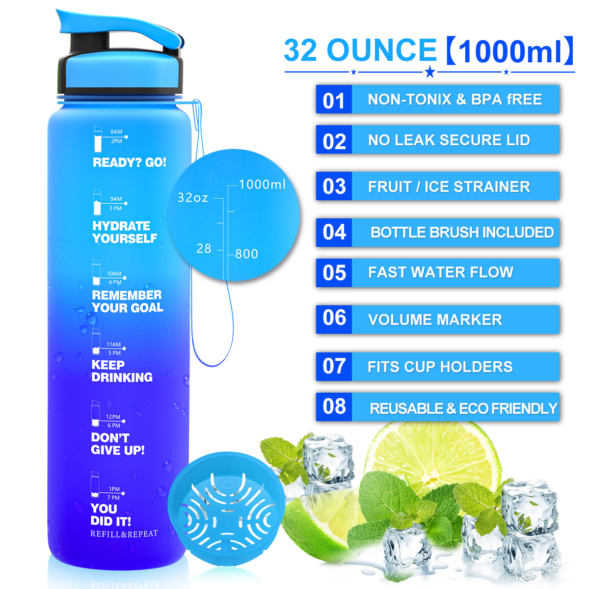 ZORRI 32 OZ Water Bottles With Time Marker & Meaurment Marked, BPA Free Leak Proof and Lightweight Water Bottle for Gym, Fitness, Workout, Kids School, Office, Cycling, Yoga, Camping