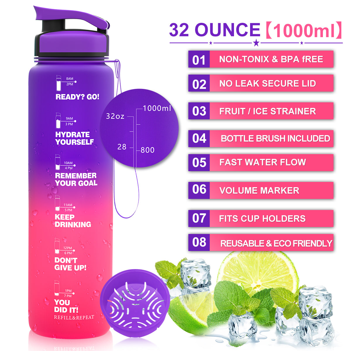 ZORRI 32 OZ Water Bottles With Time Marker & Meaurment Marked, BPA Free Leak Proof and Lightweight Water Bottle for Gym, Fitness, Workout, Kids School, Office, Cycling, Yoga, Camping