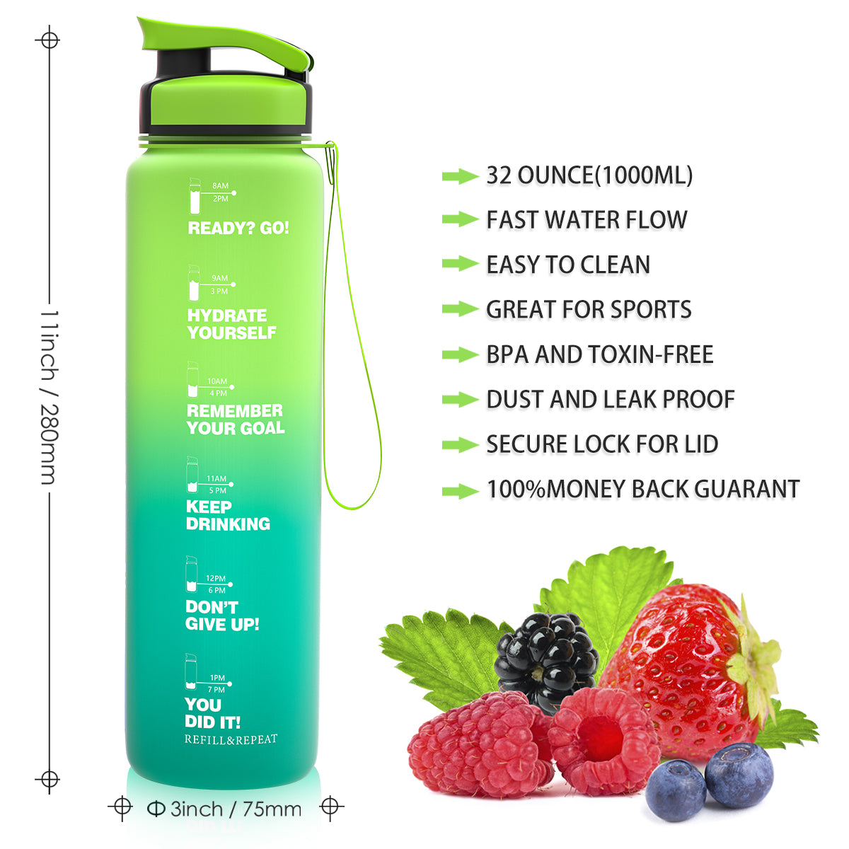 ZORRI 32 OZ Water Bottles With Time Marker & Meaurment Marked, BPA Free Leak Proof and Lightweight Water Bottle for Gym, Fitness, Workout, Kids School, Office, Cycling, Yoga, Camping