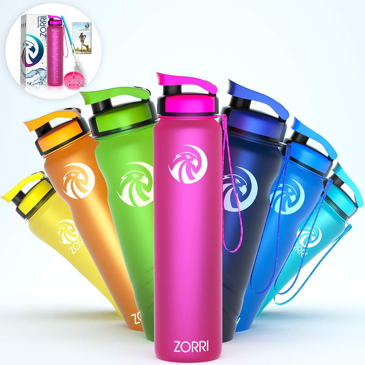 ZORRI 28 oz Water Bottle with Sponge Cleaning Brush & Strainer, Leakproof BPA & Toxic Free,Lightweight Drinking Water Bottles with Nylon Carrying Strap, Ensure You Drink Enough Water for Fitness Gym Outdoor