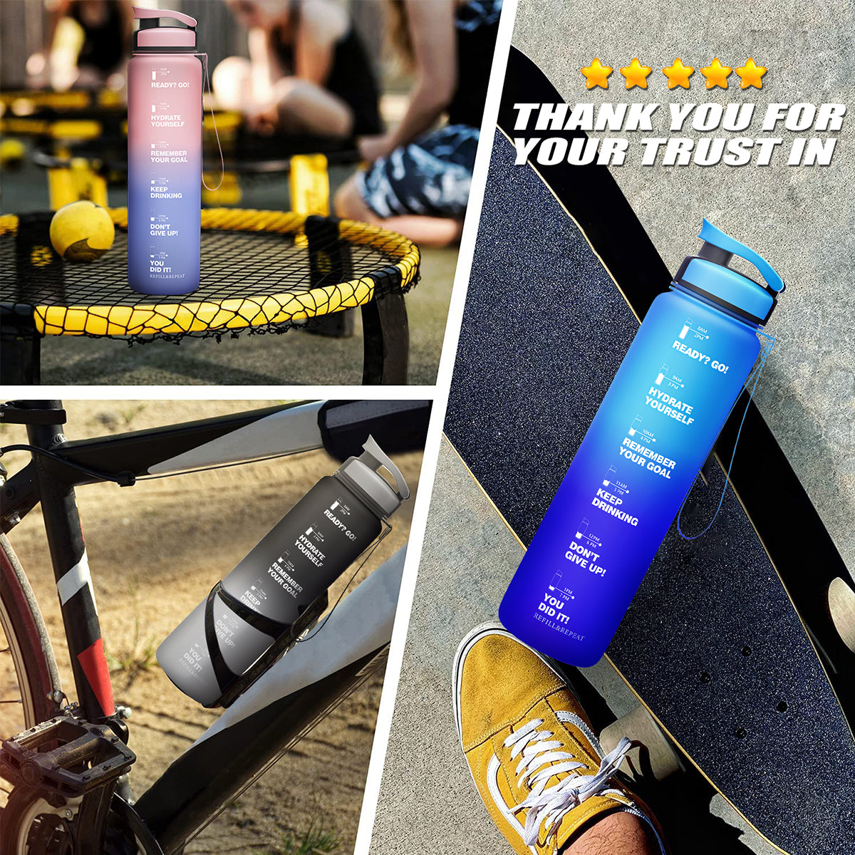 ZORRI 32 OZ Water Bottles With Time Marker & Meaurment Marked, BPA Free Leak Proof and Lightweight Water Bottle for Gym, Fitness, Workout, Kids School, Office, Cycling, Yoga, Camping