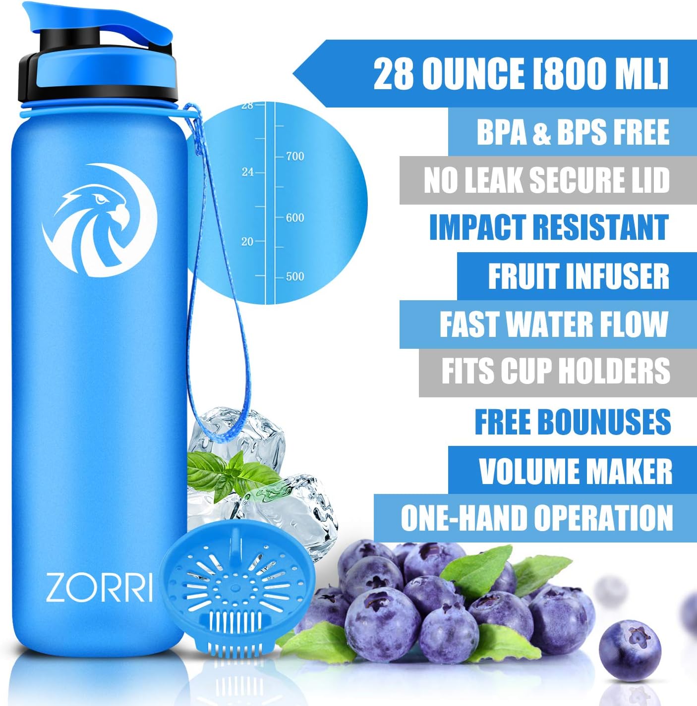 ZORRI 28 oz Water Bottle with Sponge Cleaning Brush & Strainer, Leakproof BPA & Toxic Free,Lightweight Drinking Water Bottles with Nylon Carrying Strap, Ensure You Drink Enough Water for Fitness Gym Outdoor