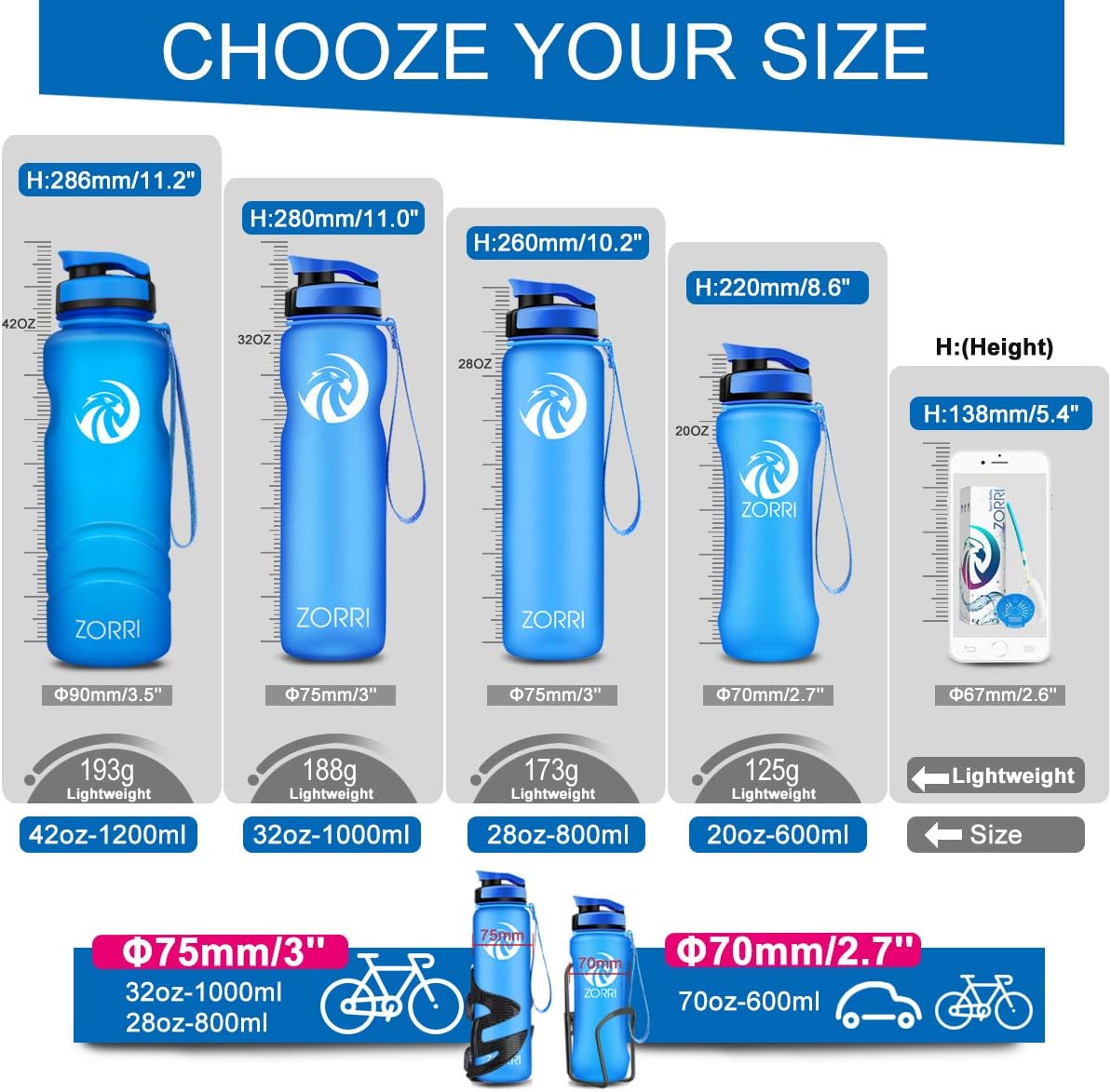 ZORRI 28 oz Water Bottle with Sponge Cleaning Brush & Strainer, Leakproof BPA & Toxic Free,Lightweight Drinking Water Bottles with Nylon Carrying Strap, Ensure You Drink Enough Water for Fitness Gym Outdoor