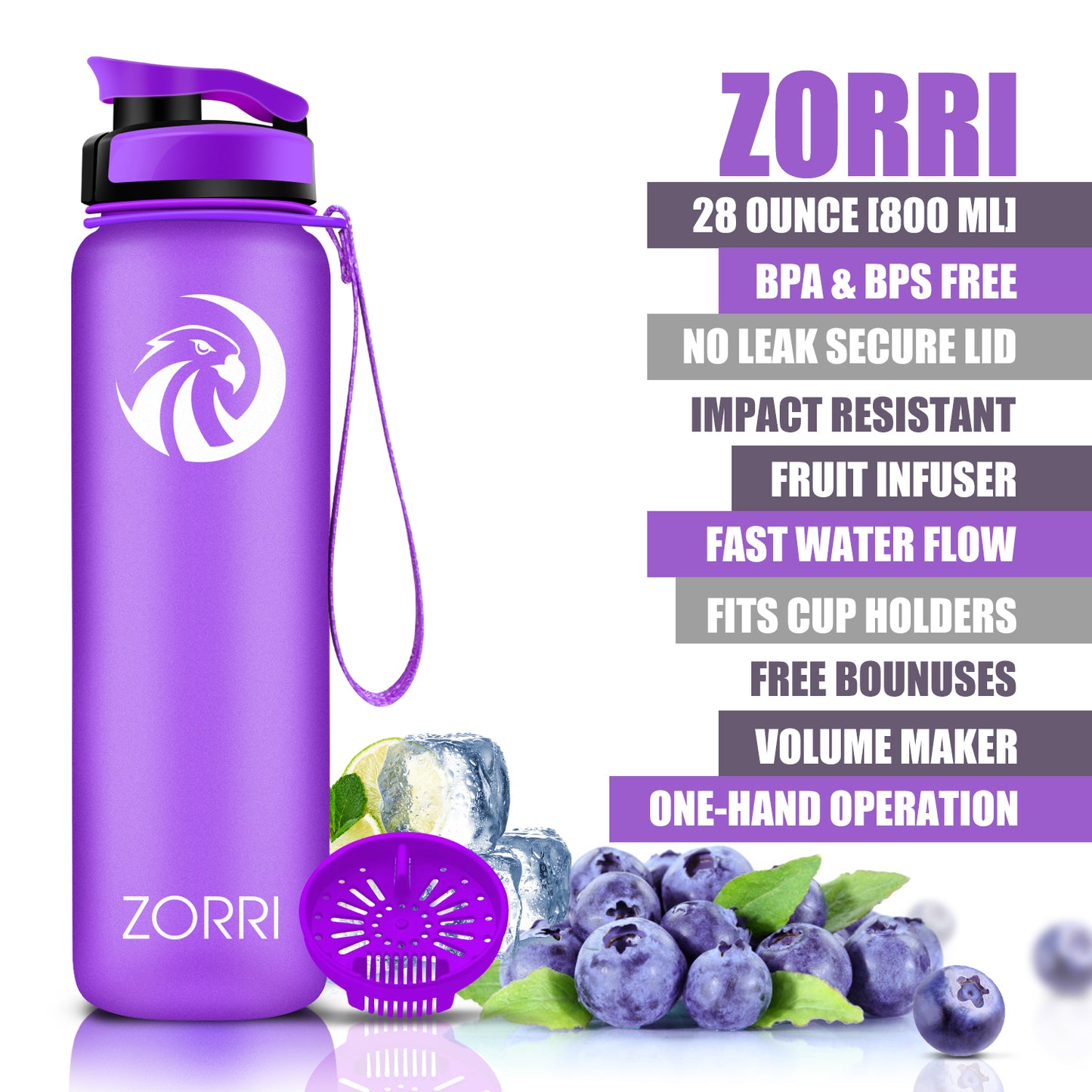 ZORRI 28 oz Water Bottle with Sponge Cleaning Brush & Strainer, Leakproof BPA & Toxic Free,Lightweight Drinking Water Bottles with Nylon Carrying Strap, Ensure You Drink Enough Water for Fitness Gym Outdoor