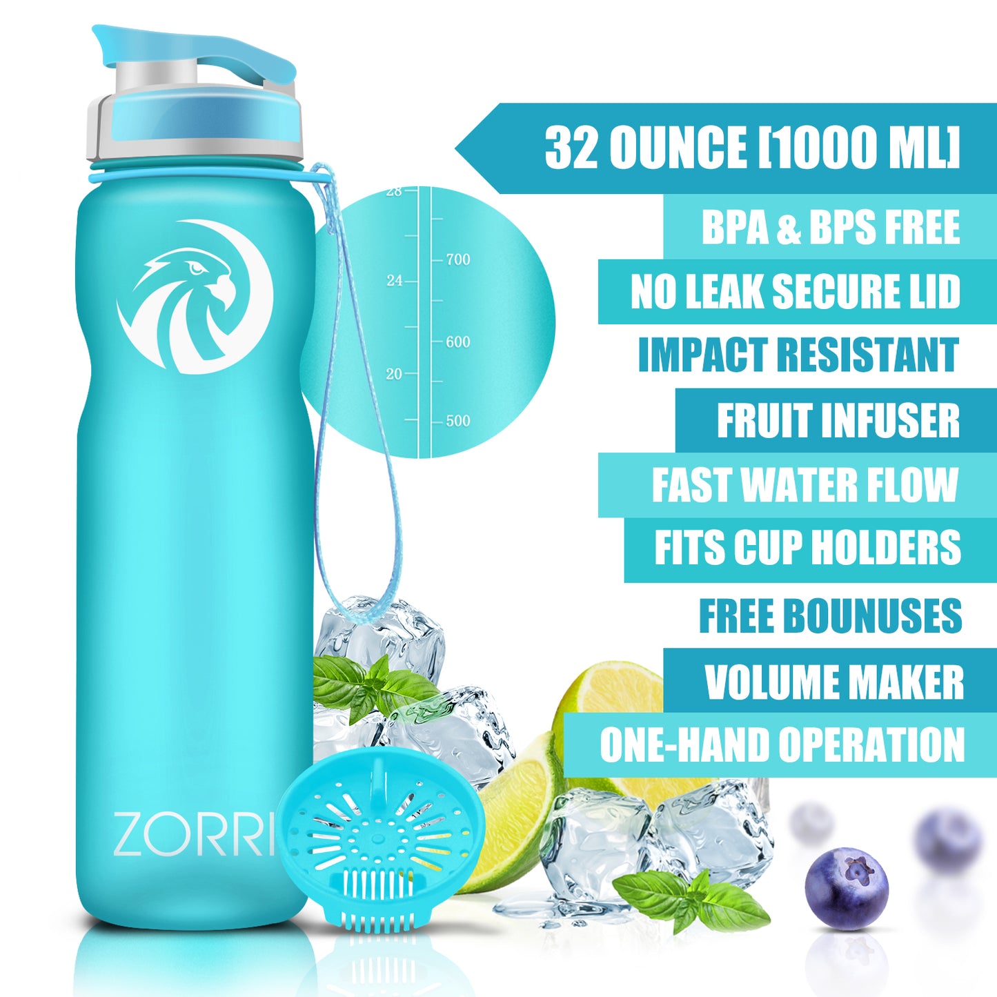 ZORRI 32 oz Water Bottle with Cleaning Brush & Strainer, Leakproof BPA & Toxic Free Lightweight Drinking Water Bottles with Carrying Strap, Ensure You Drink Enough Water for Fitness Gym Outdoor