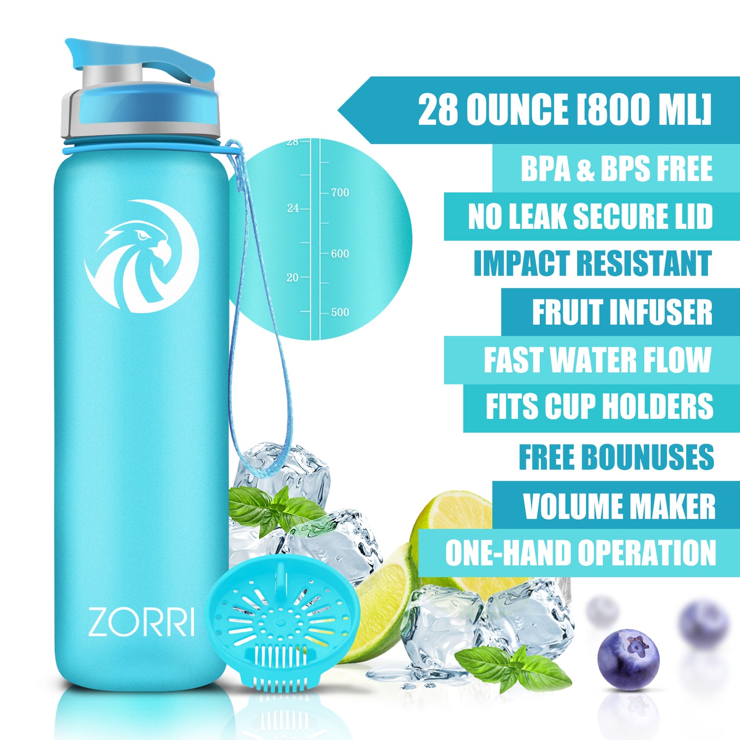 ZORRI 28 oz Water Bottle with Sponge Cleaning Brush & Strainer, Leakproof BPA & Toxic Free,Lightweight Drinking Water Bottles with Nylon Carrying Strap, Ensure You Drink Enough Water for Fitness Gym Outdoor