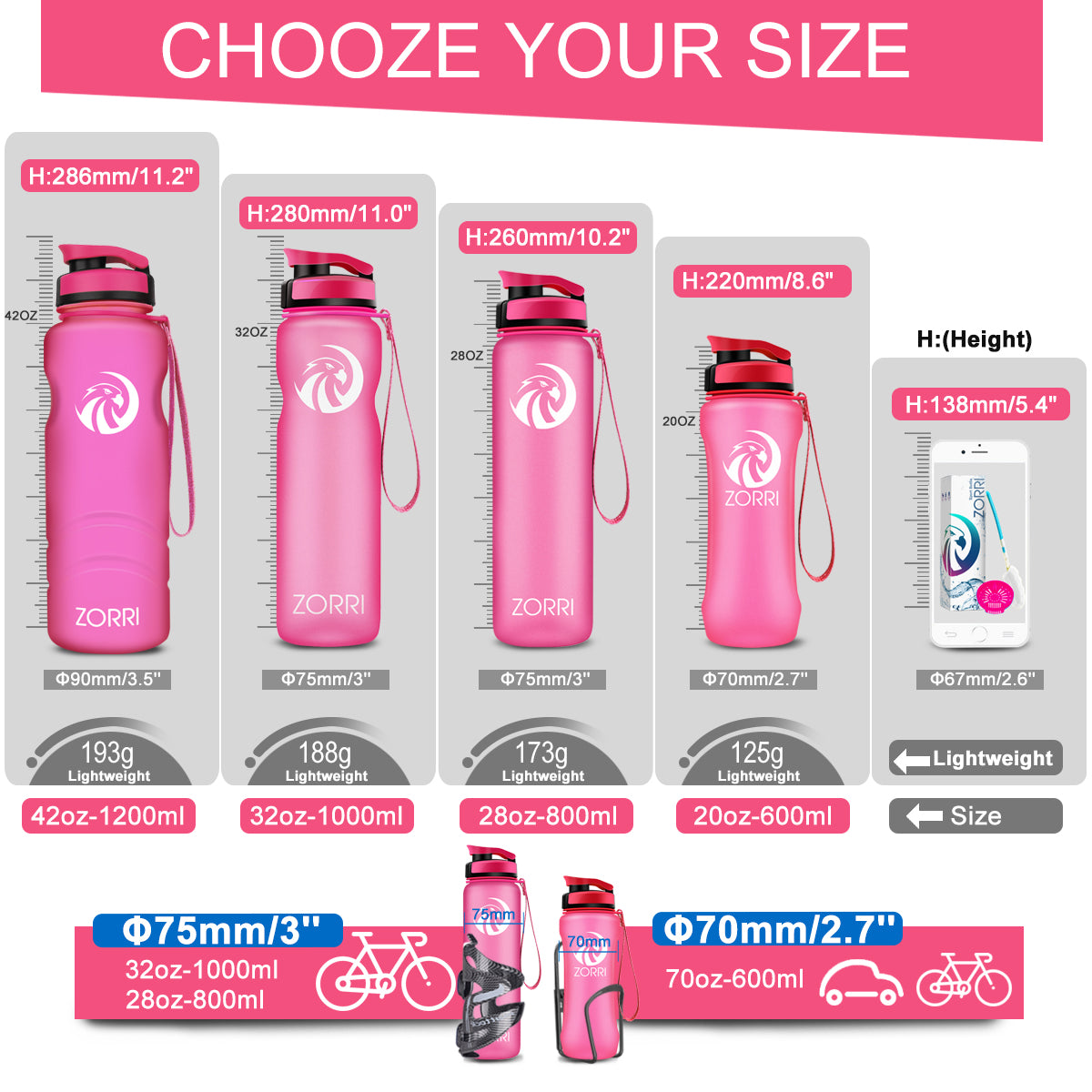 ZORRI 32 oz Water Bottle with Cleaning Brush & Strainer, Leakproof BPA & Toxic Free Lightweight Drinking Water Bottles with Carrying Strap, Ensure You Drink Enough Water for Fitness Gym Outdoor