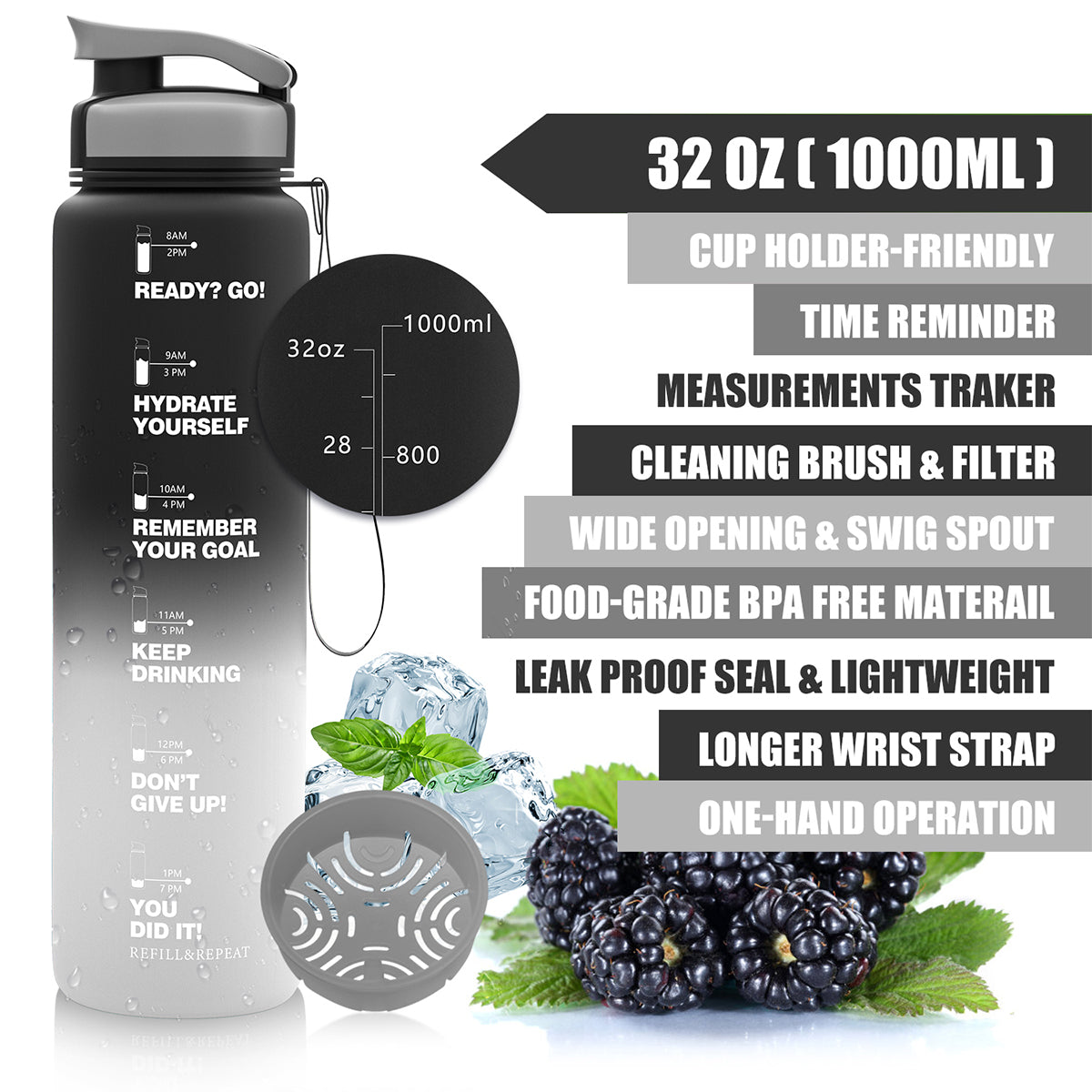 ZORRI 32 OZ Water Bottles With Time Marker & Meaurment Marked, BPA Free Leak Proof and Lightweight Water Bottle for Gym, Fitness, Workout, Kids School, Office, Cycling, Yoga, Camping