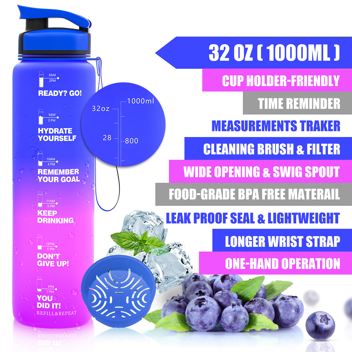 ZORRI 32 OZ Water Bottles With Time Marker & Meaurment Marked, BPA Free Leak Proof and Lightweight Water Bottle for Gym, Fitness, Workout, Kids School, Office, Cycling, Yoga, Camping