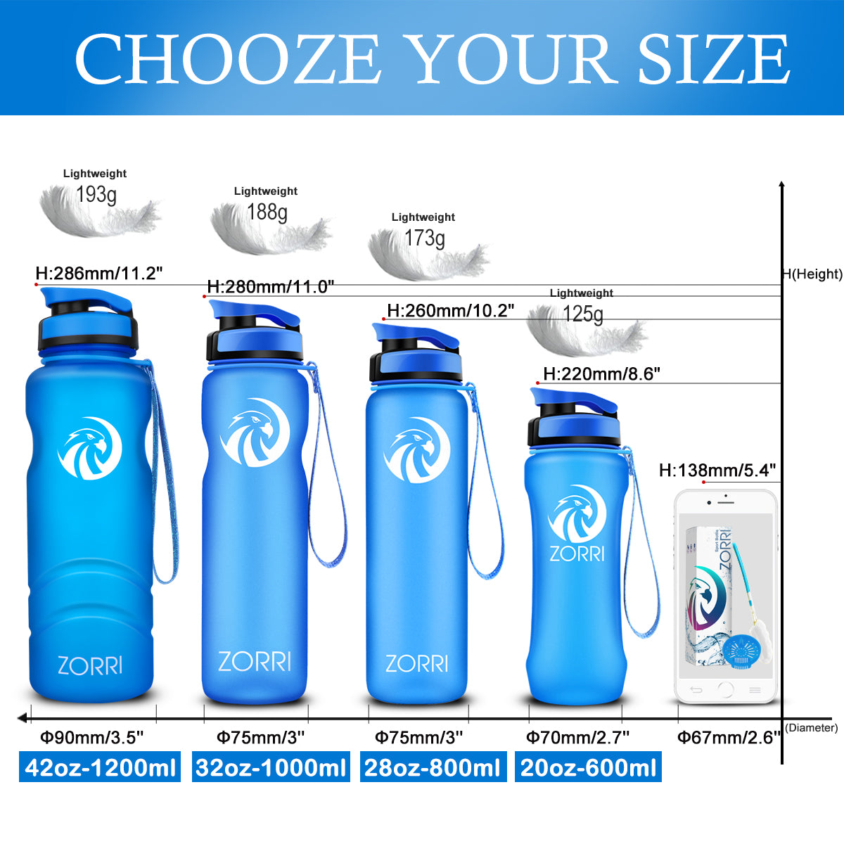 ZORRI 32 oz Water Bottle with Cleaning Brush & Strainer, Leakproof BPA & Toxic Free Lightweight Drinking Water Bottles with Carrying Strap, Ensure You Drink Enough Water for Fitness Gym Outdoor