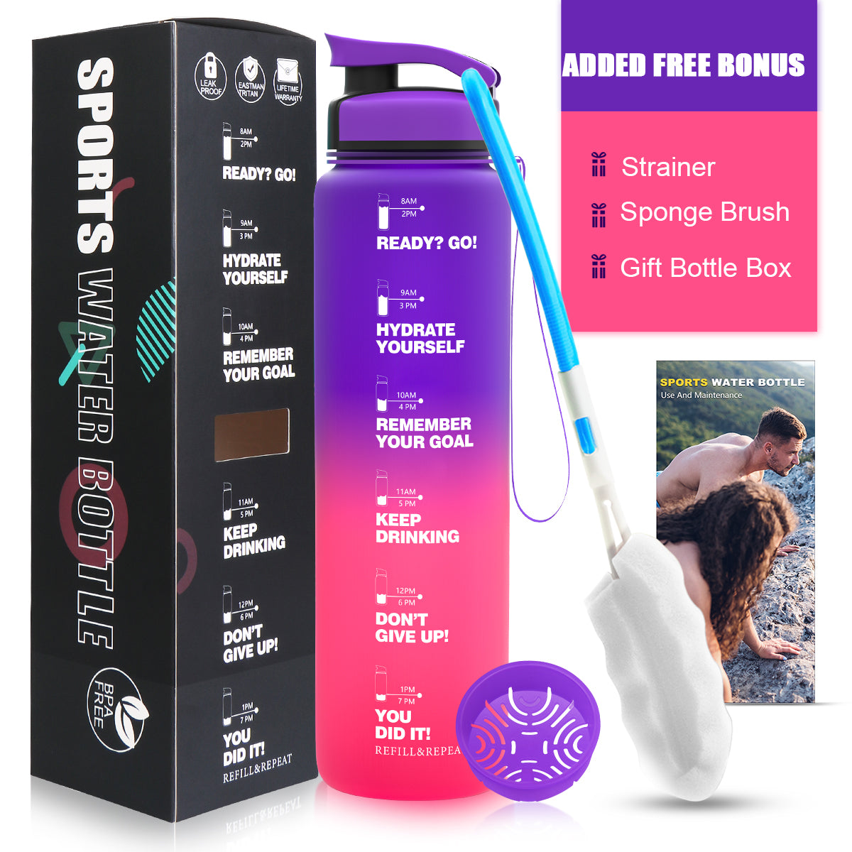 ZORRI 32 OZ Water Bottles With Time Marker & Meaurment Marked, BPA Free Leak Proof and Lightweight Water Bottle for Gym, Fitness, Workout, Kids School, Office, Cycling, Yoga, Camping