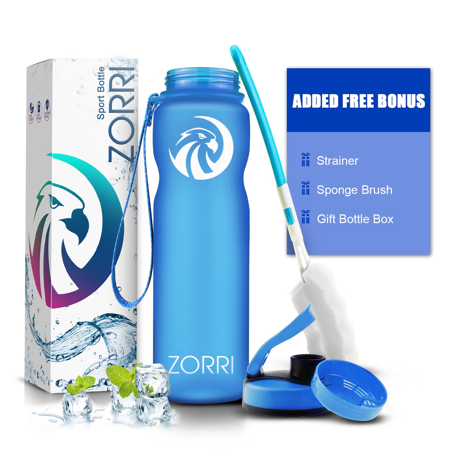 ZORRI 32 oz Water Bottle with Cleaning Brush & Strainer, Leakproof BPA & Toxic Free Lightweight Drinking Water Bottles with Carrying Strap, Ensure You Drink Enough Water for Fitness Gym Outdoor