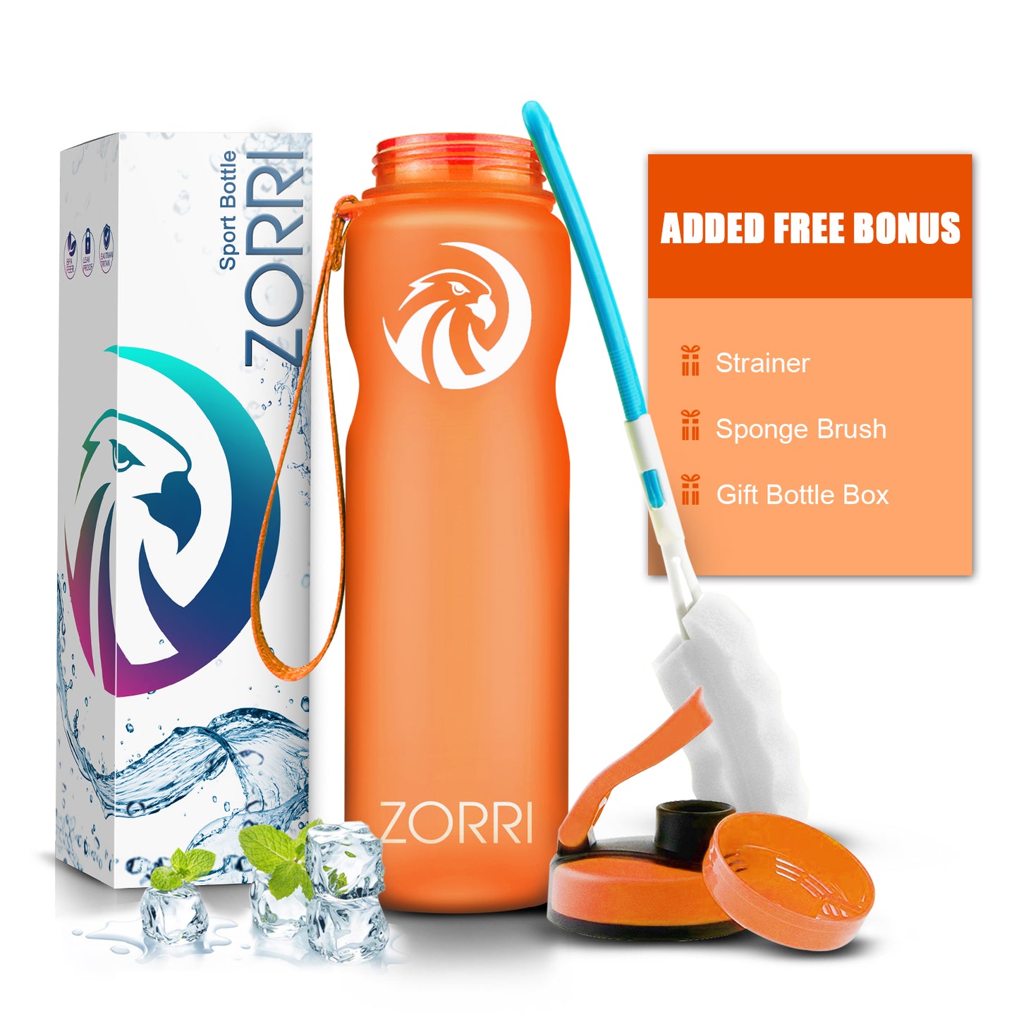 ZORRI 32 oz Water Bottle with Cleaning Brush & Strainer, Leakproof BPA & Toxic Free Lightweight Drinking Water Bottles with Carrying Strap, Ensure You Drink Enough Water for Fitness Gym Outdoor