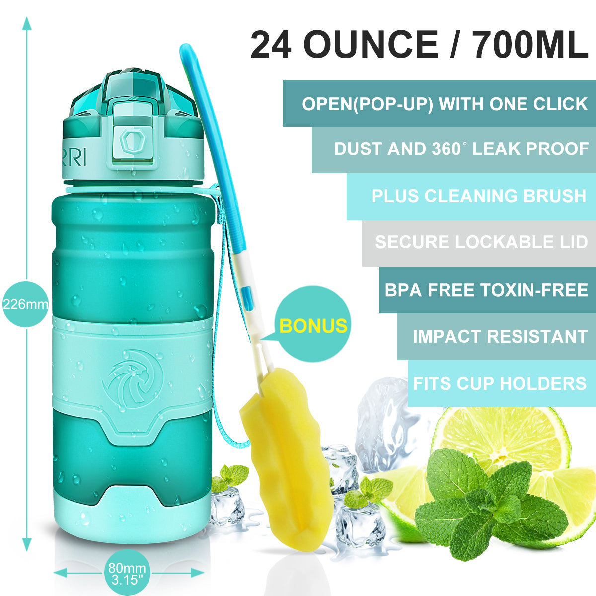 ZORRI BPA Free Sports Water Bottles, 24oz / 700ML Lightweight Reusable Water Bottle for Gym, Fitness, Workout, Yoga, Running, Kids School...