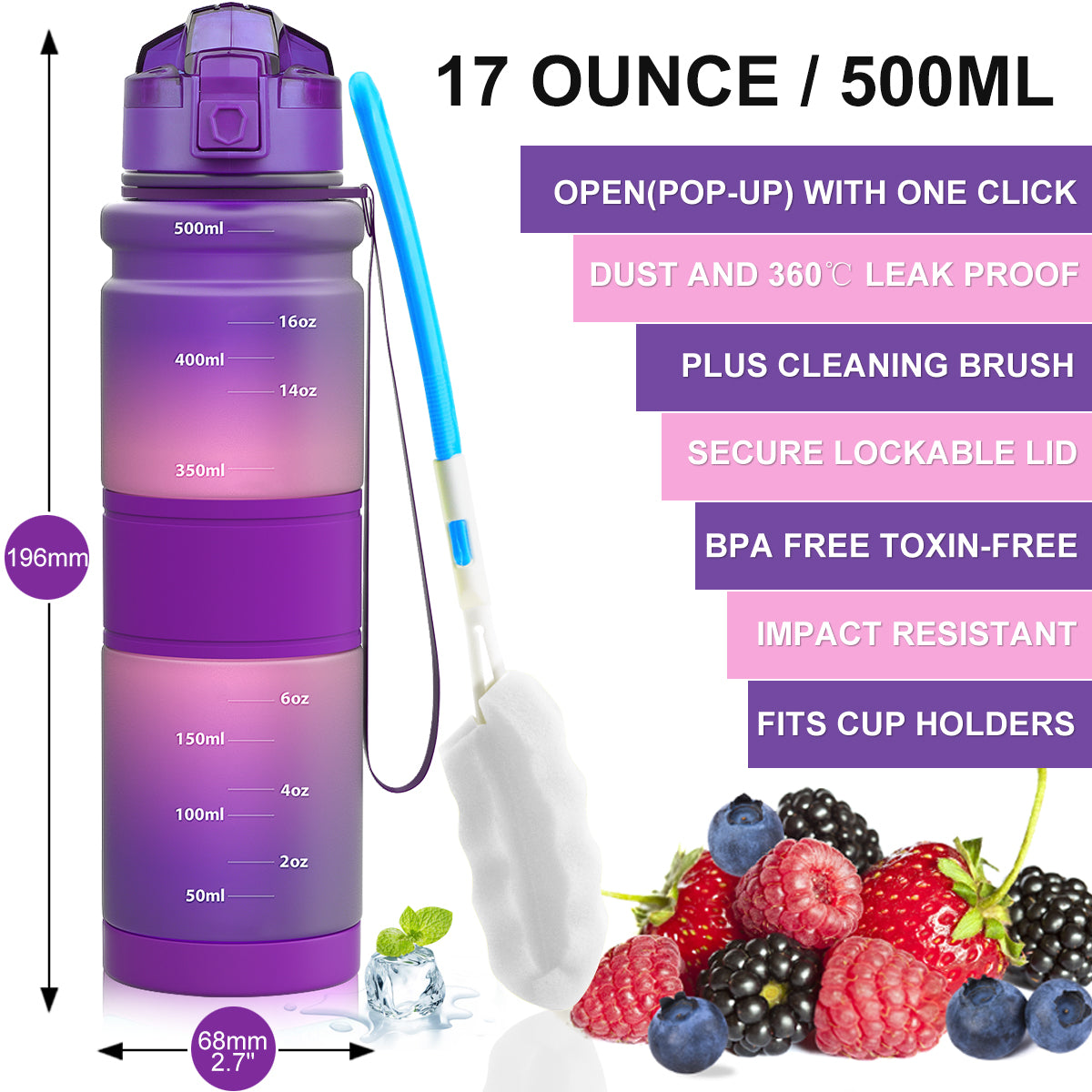 ZORRI 17OZ 500ml Reusable BPA Free Sports Water Bottles, Lightweight Leak Proof Water Bottle with Cleaning Brush & Lock Feature Flip Top Lid for Kid School / Adults Workout, Gym, Cycling, Fitness, Gym, Yoga, Running, Camping