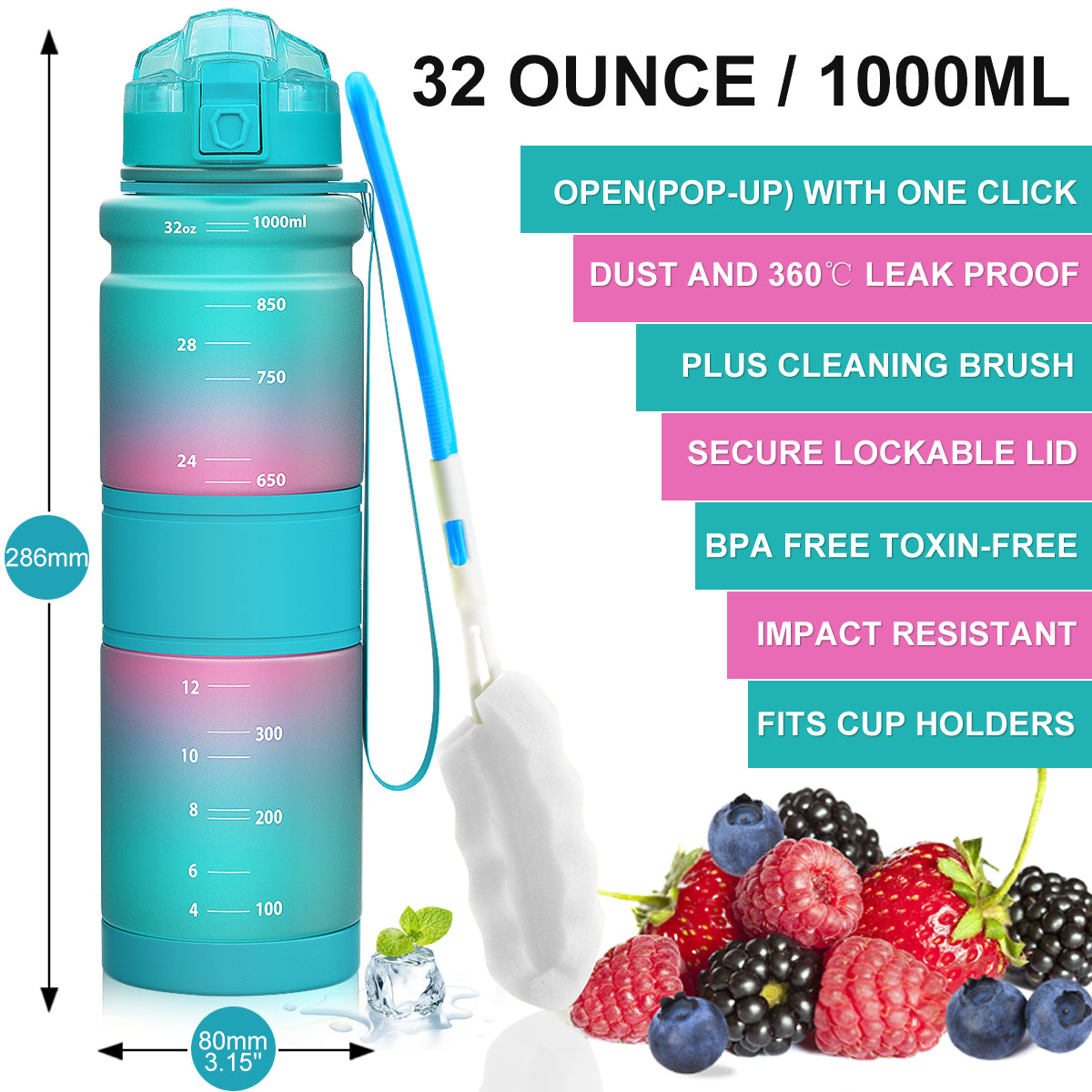 ZORRI 32OZ 1Liter Reusable BPA Free Sports Water Bottles, Lightweight Leak Proof Water Bottle with Cleaning Brush & Lock Feature Flip Top Lid for Kid School / Adults Workout, Gym, Cycling, Fitness, Gym, Yoga, Running, Camping