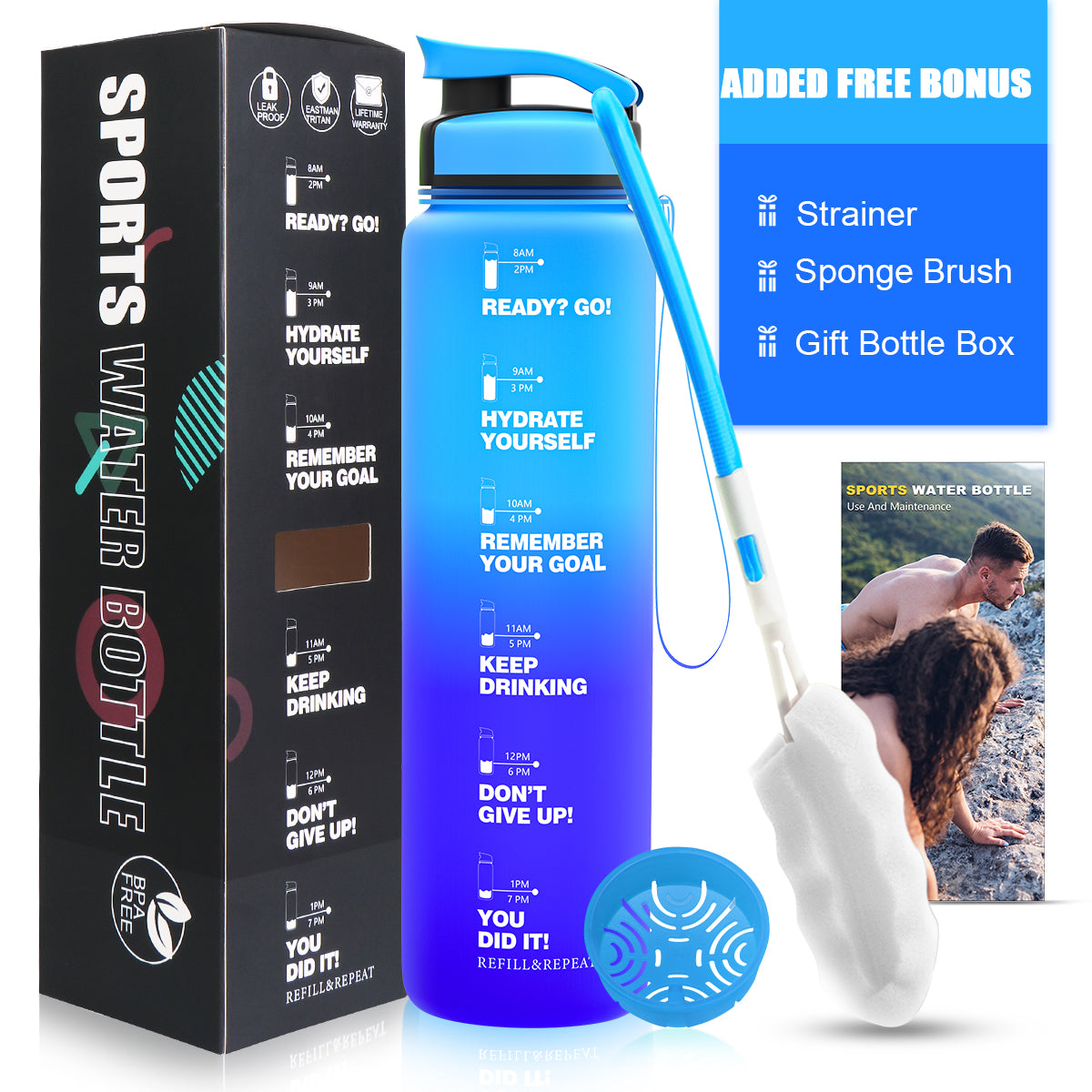 ZORRI 32 OZ Water Bottles With Time Marker & Meaurment Marked, BPA Free Leak Proof and Lightweight Water Bottle for Gym, Fitness, Workout, Kids School, Office, Cycling, Yoga, Camping
