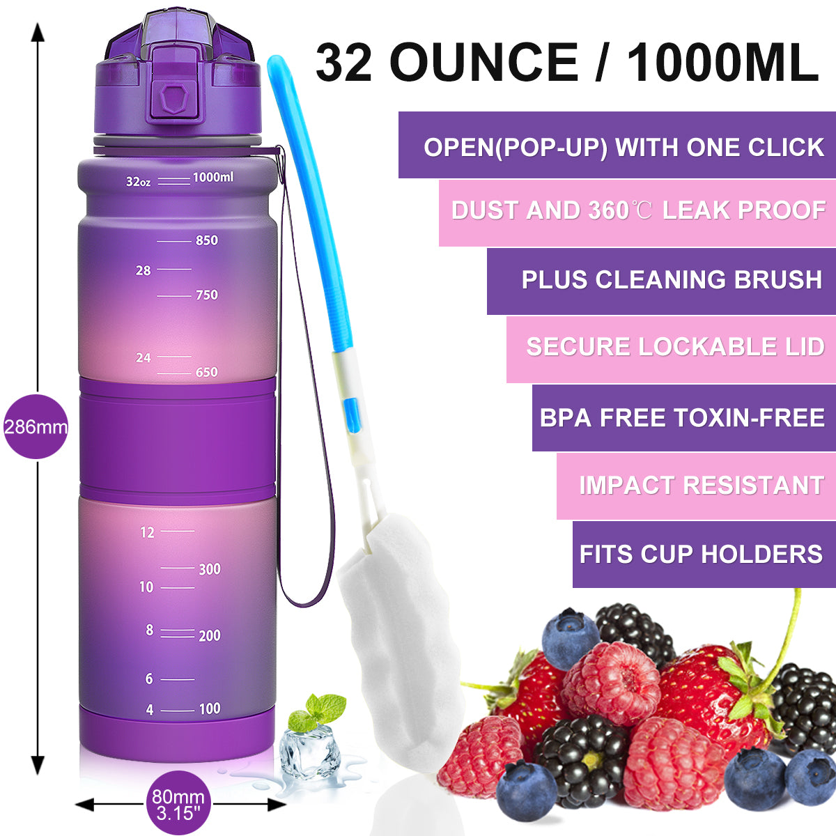 ZORRI 32OZ 1Liter Reusable BPA Free Sports Water Bottles, Lightweight Leak Proof Water Bottle with Cleaning Brush & Lock Feature Flip Top Lid for Kid School / Adults Workout, Gym, Cycling, Fitness, Gym, Yoga, Running, Camping