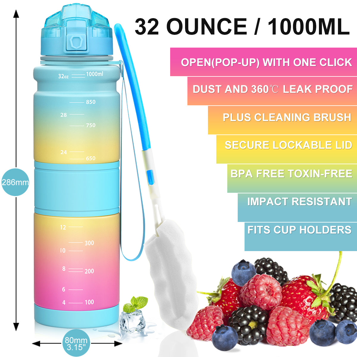 ZORRI 32OZ 1Liter Reusable BPA Free Sports Water Bottles, Lightweight Leak Proof Water Bottle with Cleaning Brush & Lock Feature Flip Top Lid for Kid School / Adults Workout, Gym, Cycling, Fitness, Gym, Yoga, Running, Camping