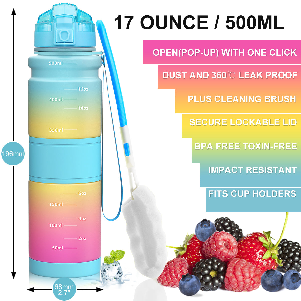 ZORRI 17OZ 500ml Reusable BPA Free Sports Water Bottles, Lightweight Leak Proof Water Bottle with Cleaning Brush & Lock Feature Flip Top Lid for Kid School / Adults Workout, Gym, Cycling, Fitness, Gym, Yoga, Running, Camping