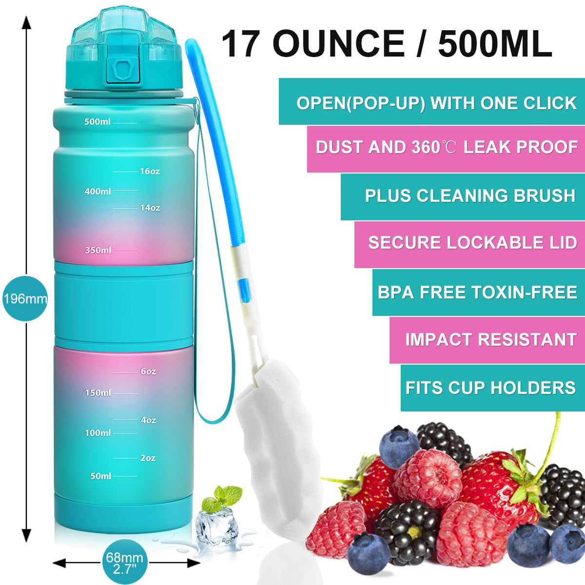ZORRI 17OZ 500ml Reusable BPA Free Sports Water Bottles, Lightweight Leak Proof Water Bottle with Cleaning Brush & Lock Feature Flip Top Lid for Kid School / Adults Workout, Gym, Cycling, Fitness, Gym, Yoga, Running, Camping