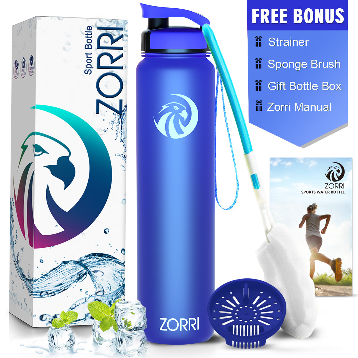 ZORRI 28 oz Water Bottle with Sponge Cleaning Brush & Strainer, Leakproof BPA & Toxic Free,Lightweight Drinking Water Bottles with Nylon Carrying Strap, Ensure You Drink Enough Water for Fitness Gym Outdoor