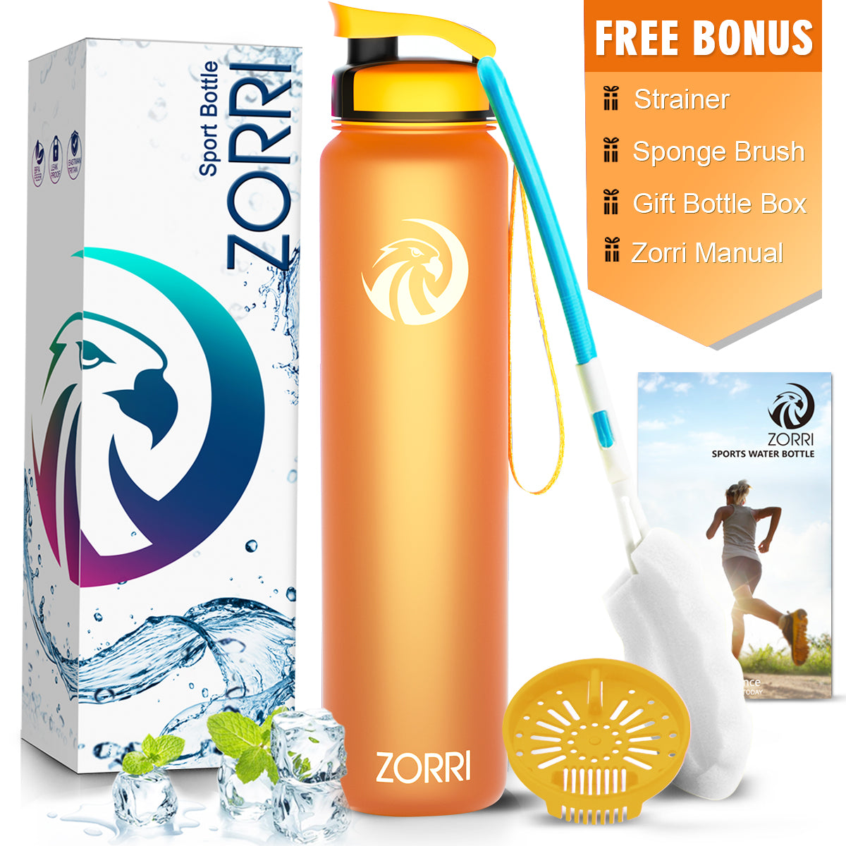 ZORRI 28 oz Water Bottle with Sponge Cleaning Brush & Strainer, Leakproof BPA & Toxic Free,Lightweight Drinking Water Bottles with Nylon Carrying Strap, Ensure You Drink Enough Water for Fitness Gym Outdoor